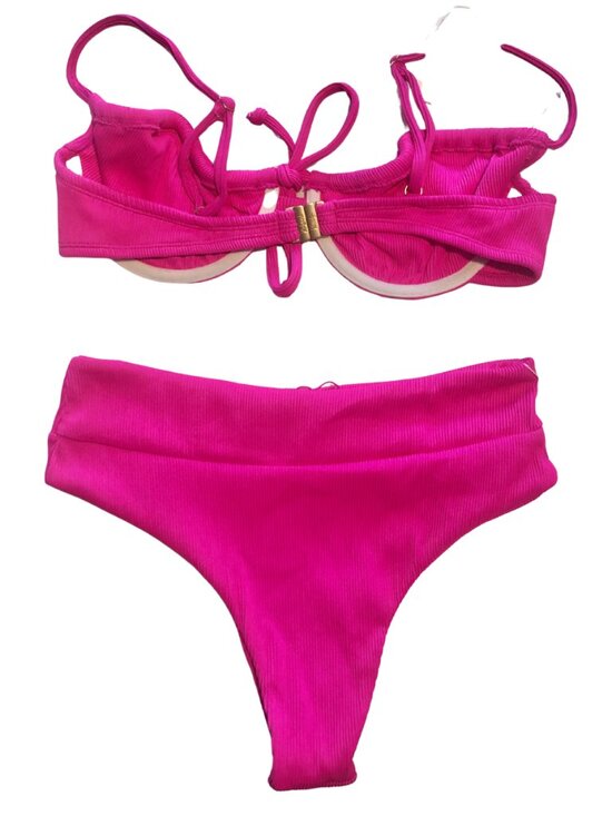 NWT Kulani Kini Flamingo hot Pink Ribbed Bikini size Large - Picture 2 of 13
